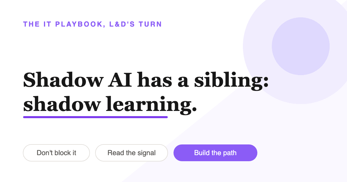 Illustration of shadow AI and shadow learning: employees using unsanctioned AI tools and video sources to learn outside the corporate LMS